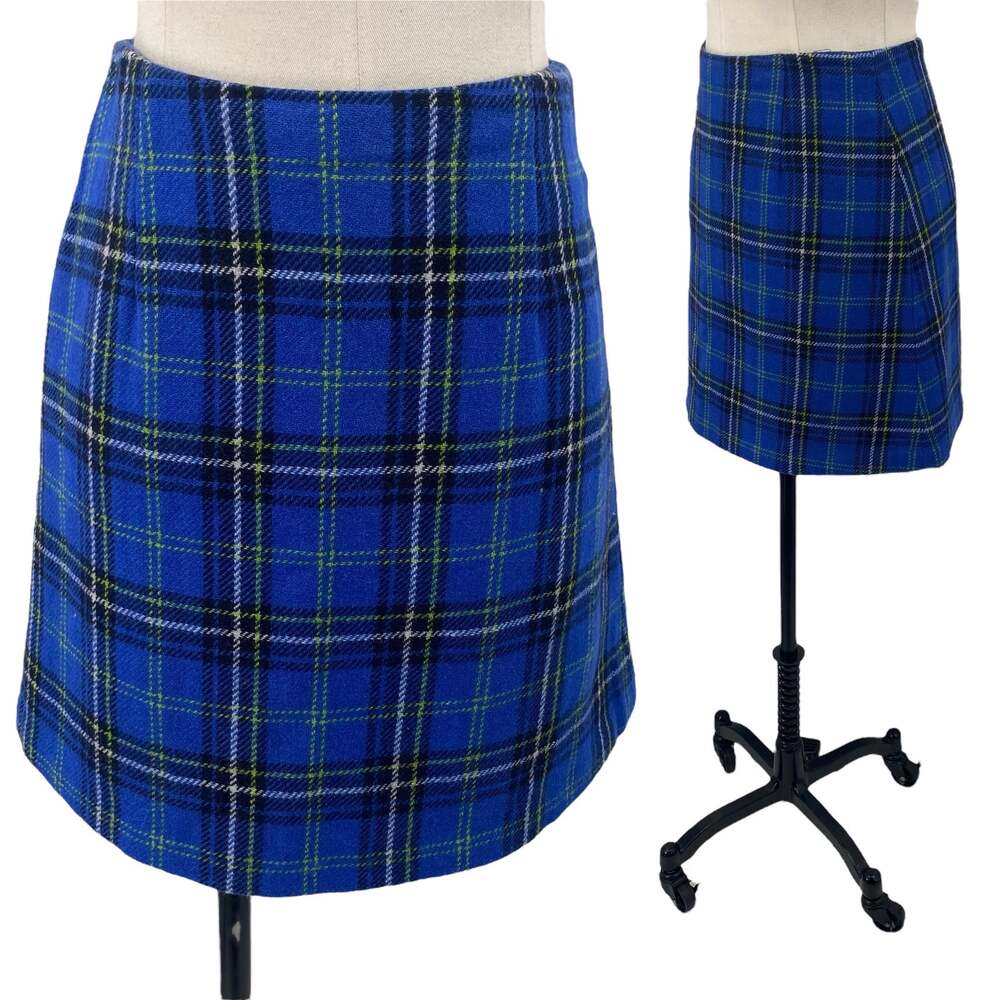Vintage 90s Express Plaid Wool A Line Mini Skirt Blue Yellow Black Womens XS